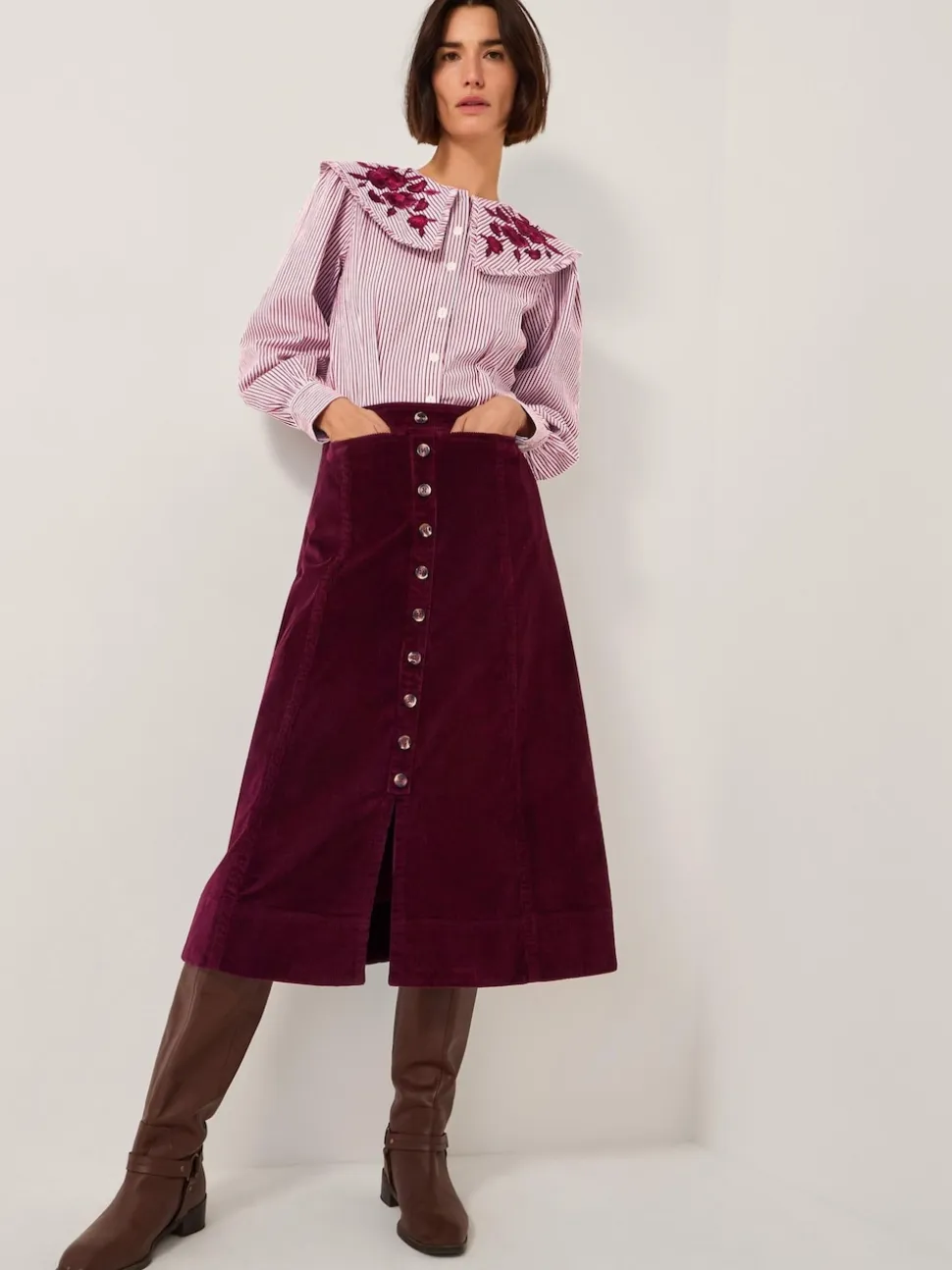 Monsoon Jamie Button Corduroy Midi Skirt