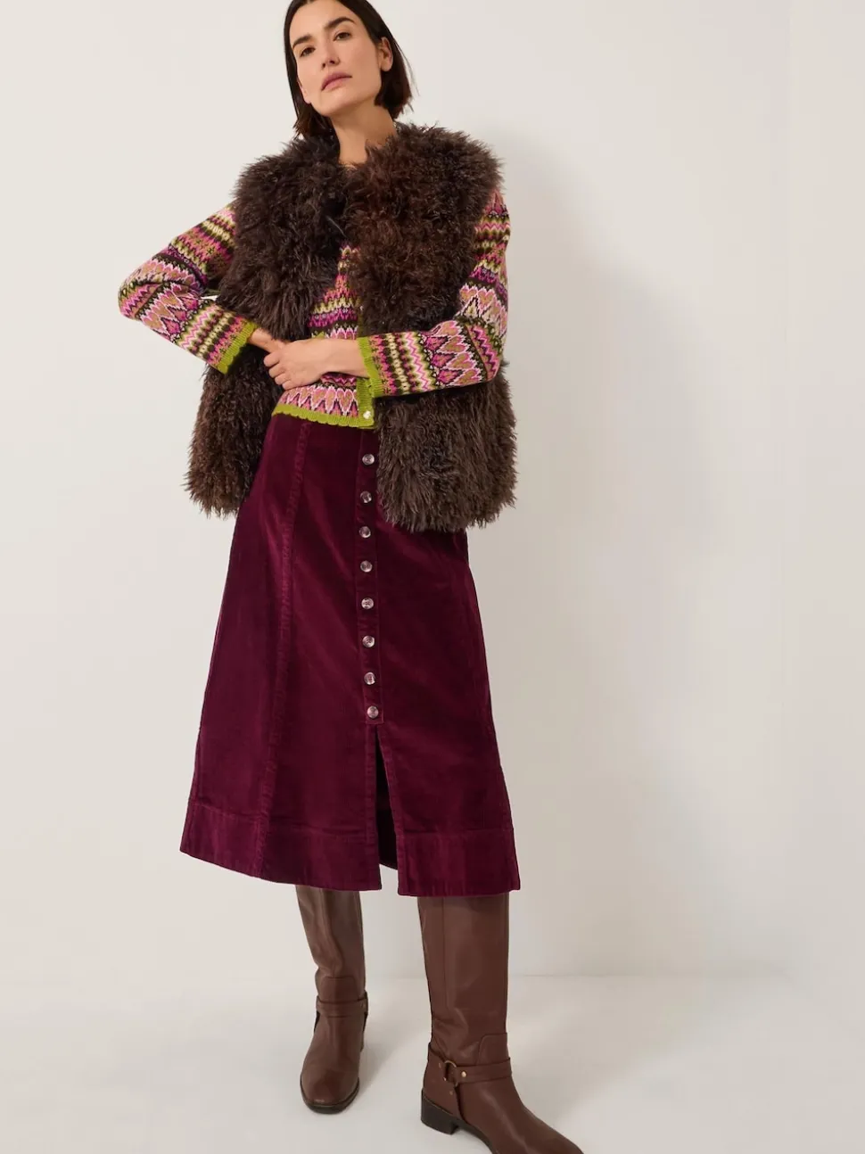 Monsoon Jamie Button Corduroy Midi Skirt