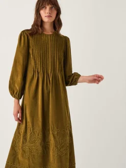 Monsoon Joyce Pintuck Embroidered Corduroy Midi Dress