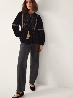 Monsoon Noni Embroidered Velvet Long Sleeve Blouse