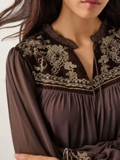 Monsoon Nova Embroidered Yoke Chiffon Maxi Dress