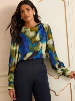 Multi - Love & Roses Lange mouwen Satijn Watervalhals Blouse