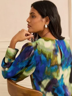Multi - Love & Roses Lange mouwen Satijn Watervalhals Blouse
