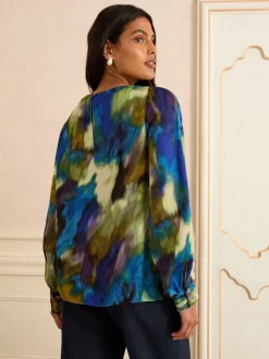 Multi - Love & Roses Lange mouwen Satijn Watervalhals Blouse