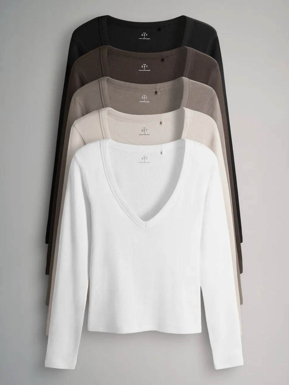 Multi - The Set 5 Pack Long Sleeve V-Neck Ribbed T-Shirts