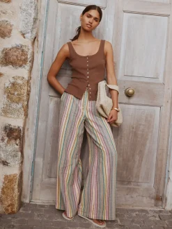 Multi-coloured Stripe - Broek met wijde pijpen en elastische taille
