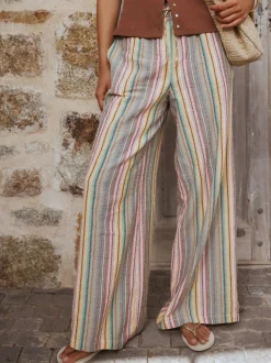 Multi-coloured Stripe - Broek met wijde pijpen en elastische taille