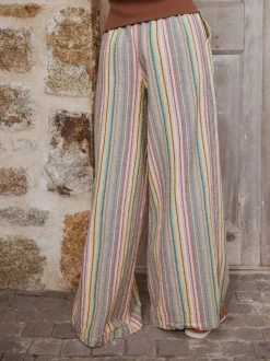 Multi-coloured Stripe - Broek met wijde pijpen en elastische taille
