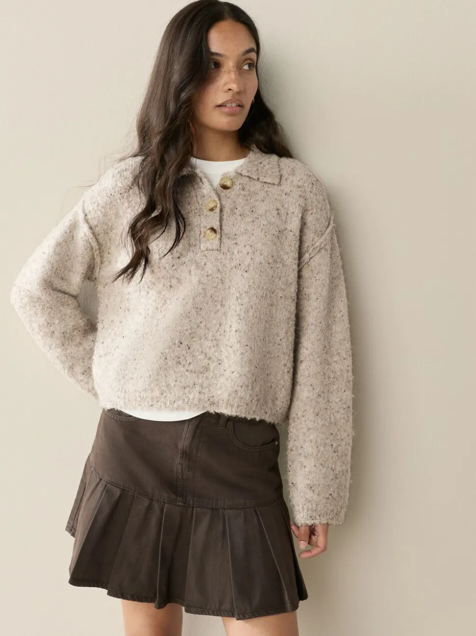 Naturel Gemêleerd - Boucle Long Sleeve Polo Jumper