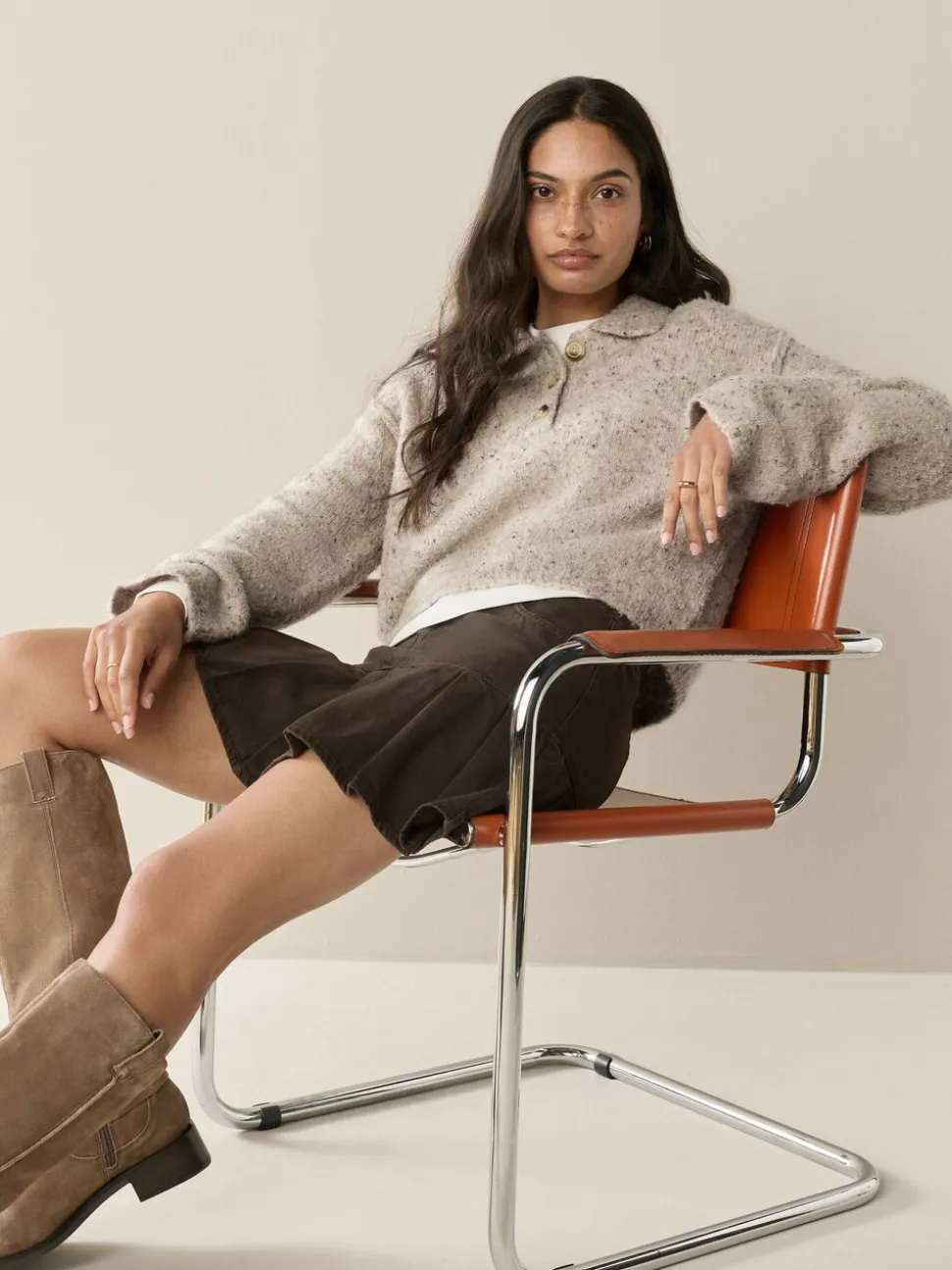 Naturel Gemêleerd - Boucle Long Sleeve Polo Jumper