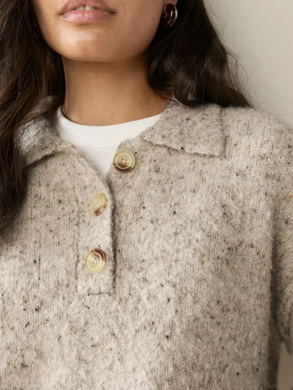 Naturel Gemêleerd - Boucle Long Sleeve Polo Jumper