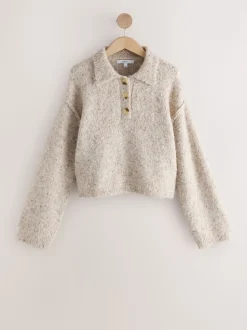 Naturel Gemêleerd - Boucle Long Sleeve Polo Jumper