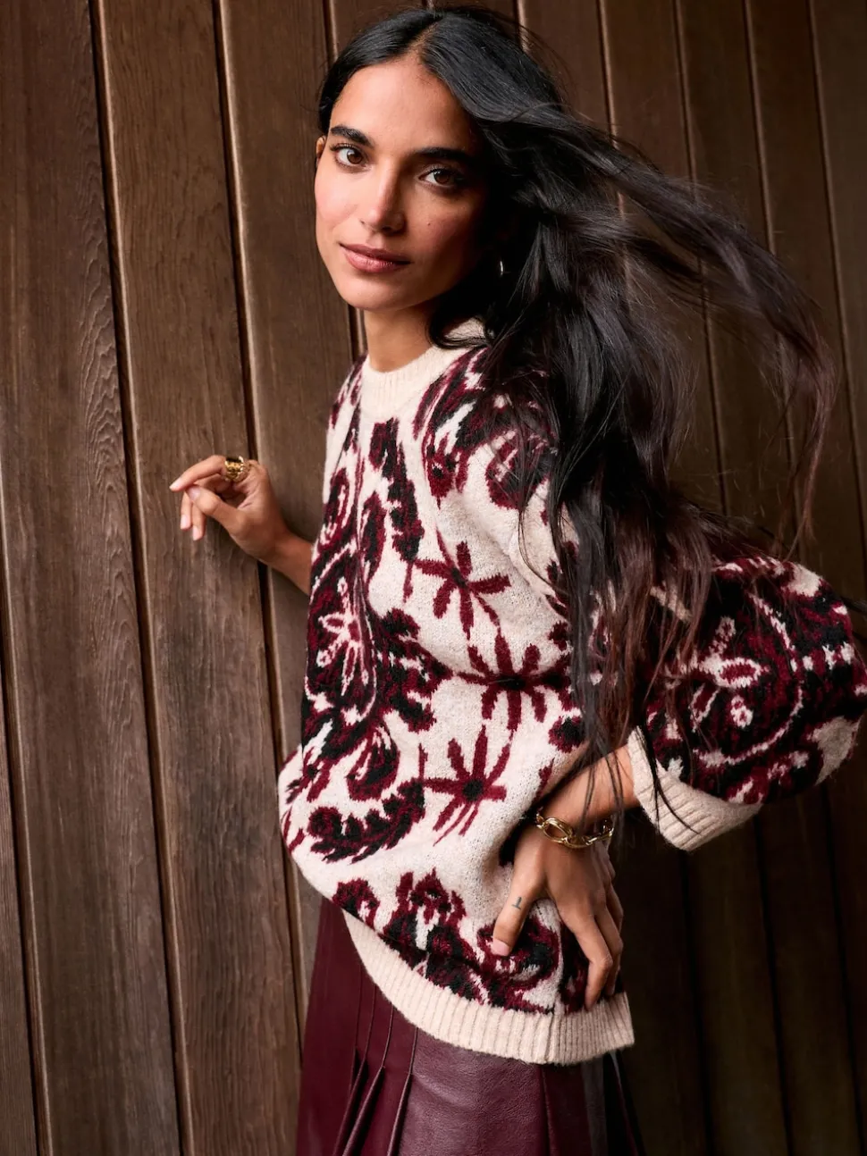 Naturel/Bordeauxrood - Statement trui met Paisley en ronde hals