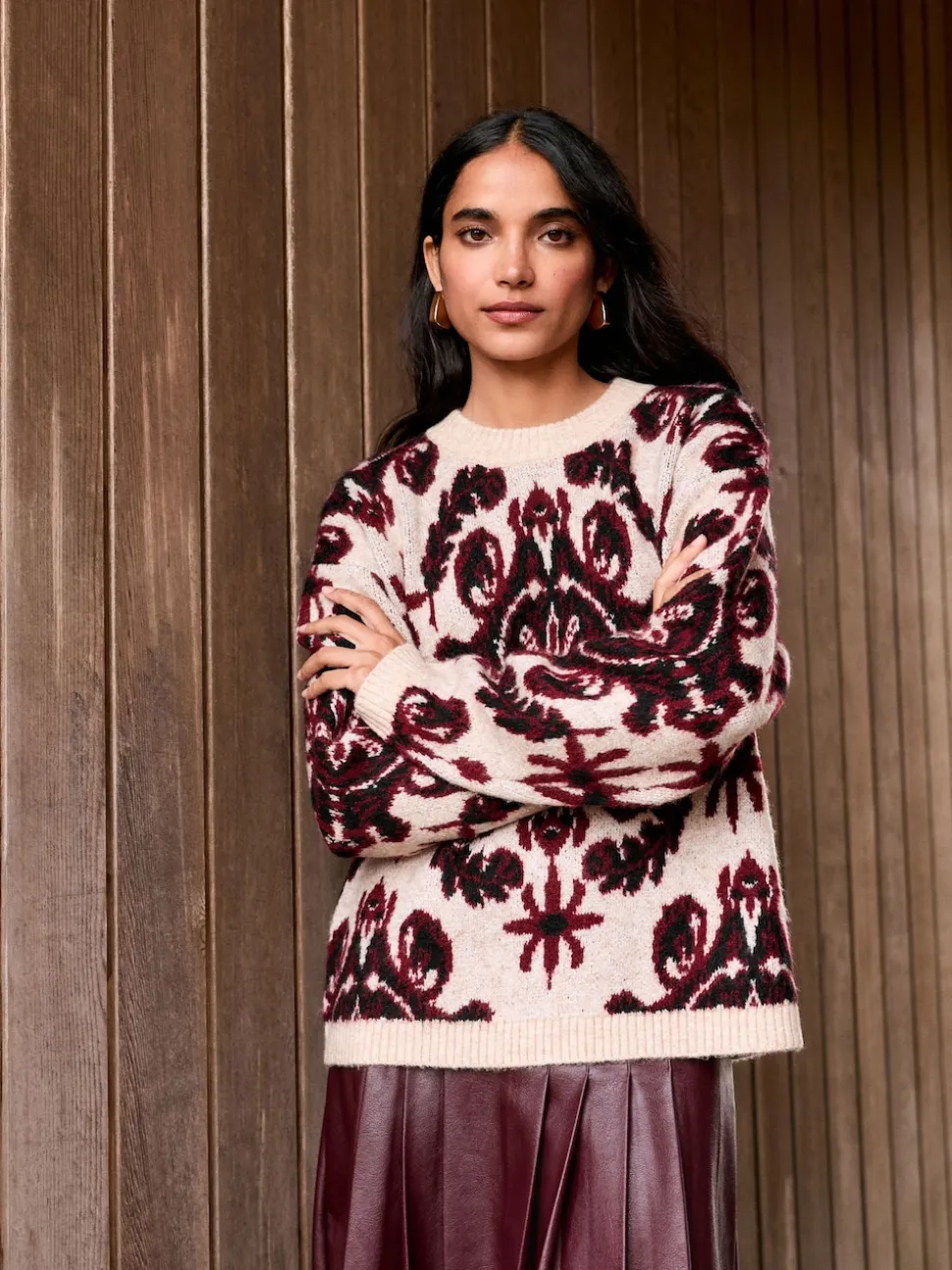 Naturel/Bordeauxrood - Statement trui met Paisley en ronde hals