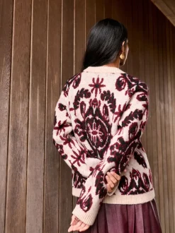 Naturel/Bordeauxrood - Statement trui met Paisley en ronde hals
