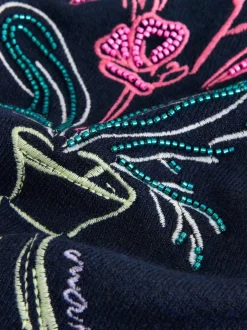 Navy Blue Floral Embellished - Superzachte trui met ronde hals en lange mouwen