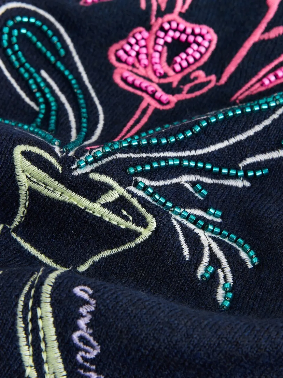 Navy Blue Floral Embellished - Superzachte trui met ronde hals en lange mouwen
