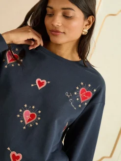 Navy Blue Heart Embroidery - Love & Roses - Jersey sweatshirt met ronde hals
