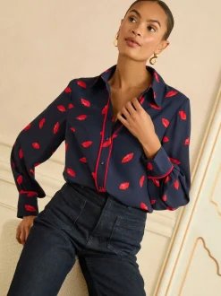 Navy Lips Print - Love & Roses Long Sleeve Button Through Shirt