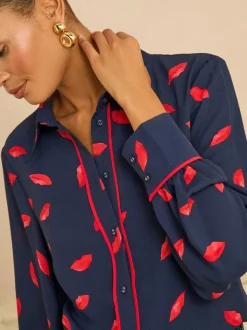 Navy Lips Print - Love & Roses Long Sleeve Button Through Shirt