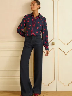Navy Lips Print - Love & Roses Long Sleeve Button Through Shirt