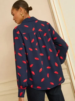 Navy Lips Print - Love & Roses Long Sleeve Button Through Shirt