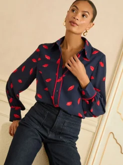 Navy Lips Print - Love & Roses Long Sleeve Button Through Shirt
