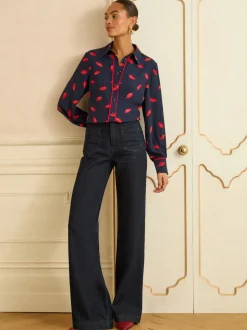 Navy Lips Print - Love & Roses Long Sleeve Button Through Shirt