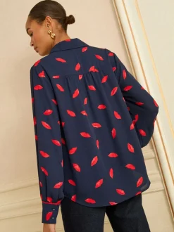 Navy Lips Print - Love & Roses Long Sleeve Button Through Shirt