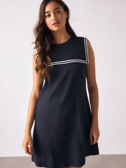 Navy with Ecru Tipping - Sailor Collar Mini Dress with Linen