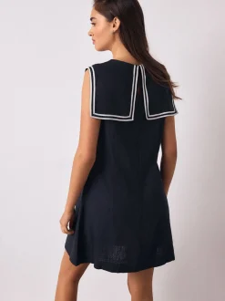 Navy with Ecru Tipping - Sailor Collar Mini Dress with Linen