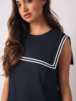 Navy with Ecru Tipping - Sailor Collar Mini Dress with Linen