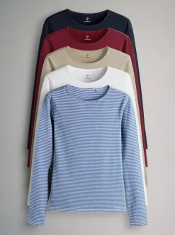 Navy/Light Blue Stripe/Red/Stone Brown/White - The Set - 5 T-shirts met lange mouwen en ronde hals