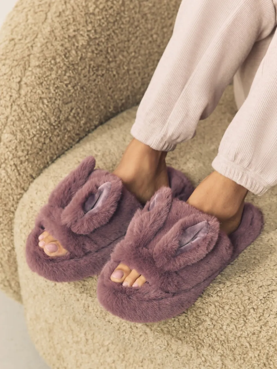 Nertsgrijs/bruin - Bunny Faux Fur Slider Slippers