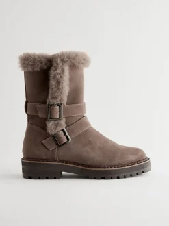 Nertsgrijs/bruin - Faux Fur Double Buckle Ankle Boots