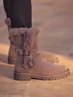 Nertsgrijs/bruin - Faux Fur Double Buckle Ankle Boots