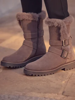 Nertsgrijs/bruin - Faux Fur Double Buckle Ankle Boots