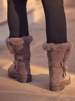 Nertsgrijs/bruin - Faux Fur Double Buckle Ankle Boots