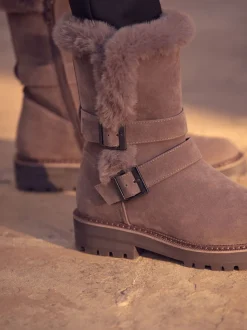 Nertsgrijs/bruin - Faux Fur Double Buckle Ankle Boots