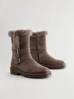 Nertsgrijs/bruin - Faux Fur Double Buckle Ankle Boots