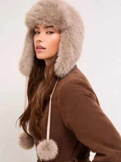 Neutraal - Lipsy Faux Fur Trapper Hat with Poms