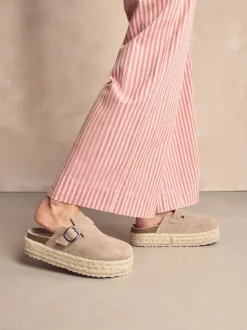 Neutraal - Suède espadrille klompen met ronde neus en dikke zool