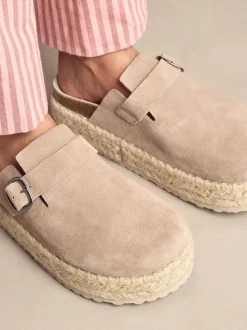 Neutraal - Suède espadrille klompen met ronde neus en dikke zool