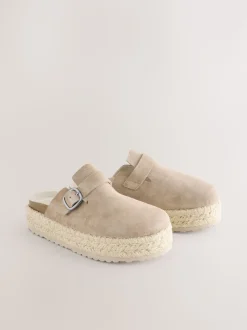 Neutraal - Suède espadrille klompen met ronde neus en dikke zool