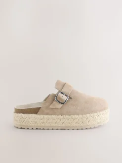 Neutraal - Suède espadrille klompen met ronde neus en dikke zool