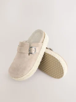 Neutraal - Suède espadrille klompen met ronde neus en dikke zool