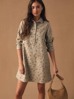 Neutraal gebloemd - Long Sleeve Cotton Twill Overhead Shirt Dress