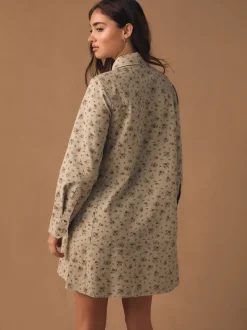 Neutraal gebloemd - Long Sleeve Cotton Twill Overhead Shirt Dress