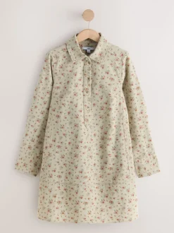 Neutraal gebloemd - Long Sleeve Cotton Twill Overhead Shirt Dress