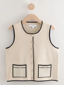 Neutraal kiezelkleurig - Mooi gilet met knoopsluiting en ronde hals